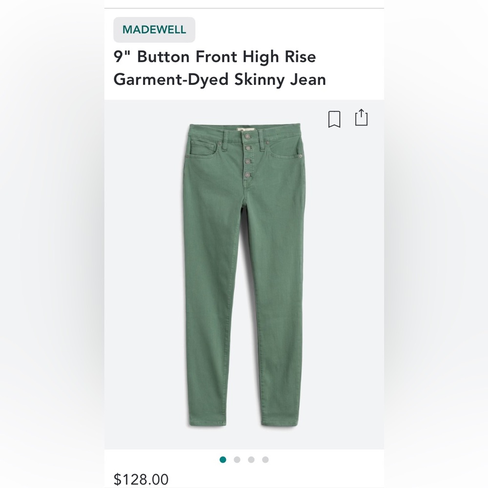 Madewell Jeans 9” high rise button front stretch denim skinny jean green